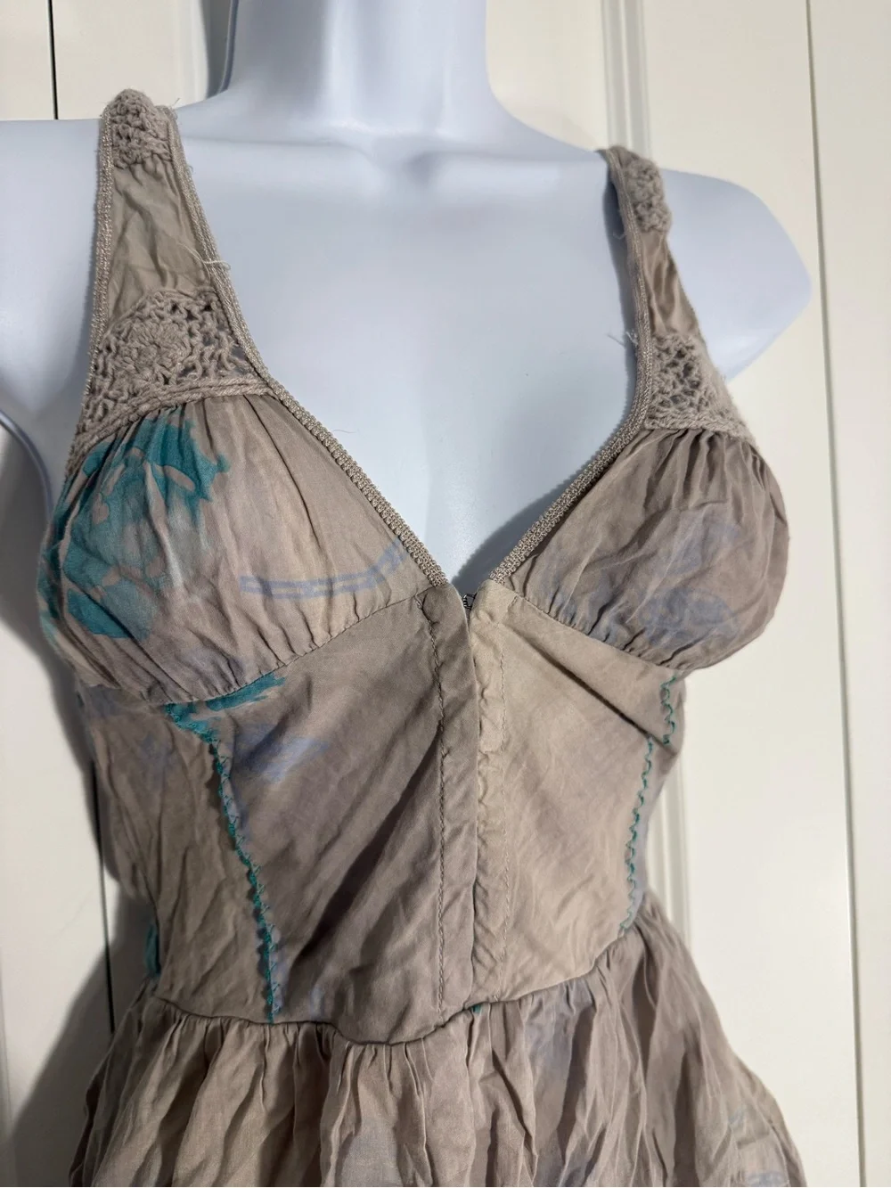 Free People Taupe Top with Teal Floral Accents